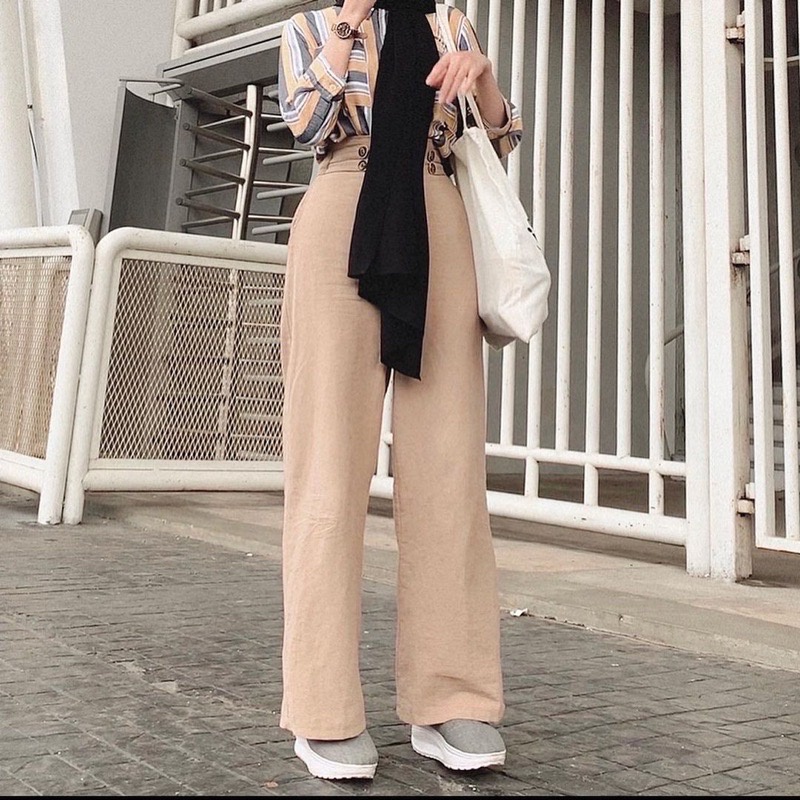 Celana Kulot Linen Highwaist Premium Side Double Button