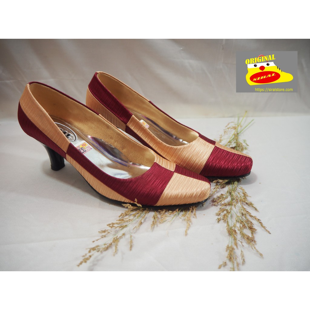 Sepatu High Heels Wanita Motif 2 Warna Krem-Maroon S04R01B4 / Sepatu Wanita / High Heels Wanita