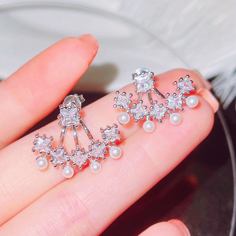 Anting Stud Zircon Mutiara Bahan 925 Silver Gaya Korea Untuk Wanita