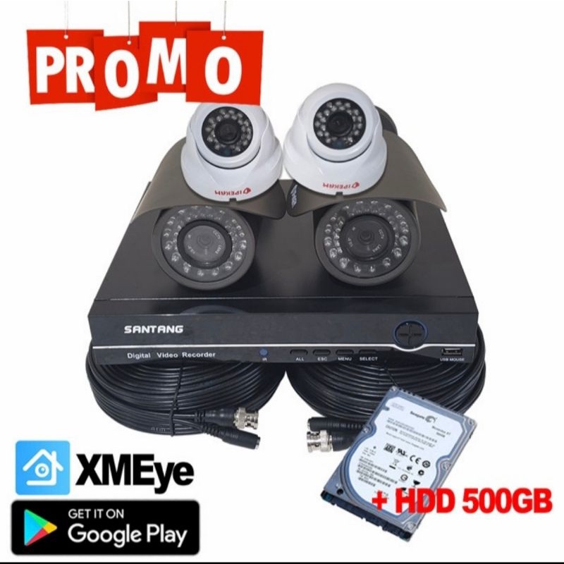 Paket CCTV XVR 4Channel, 4 Camera In/Outdoor, 4 Kabel RG59, Power, HDD 500gb, GARANSI 1 TAHUN