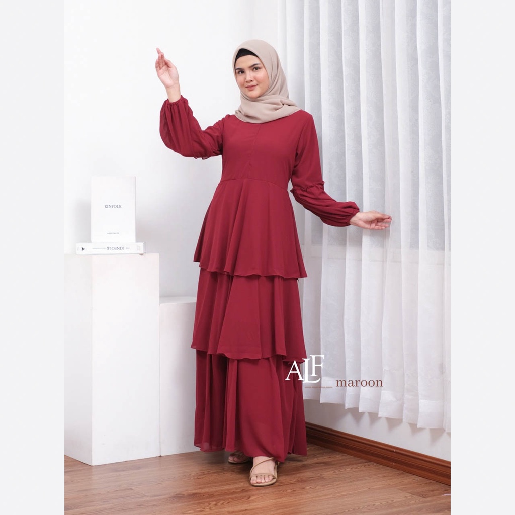 Jelita Dress Maroon by Alfaina Gamis Susun Ceruty Babydoll