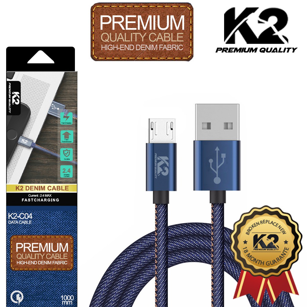 KABEL DATA DENIM K2 PREMIUM QUALITY K2-C04 MICRO / TYPE C / LIGHTNING Fast Charging