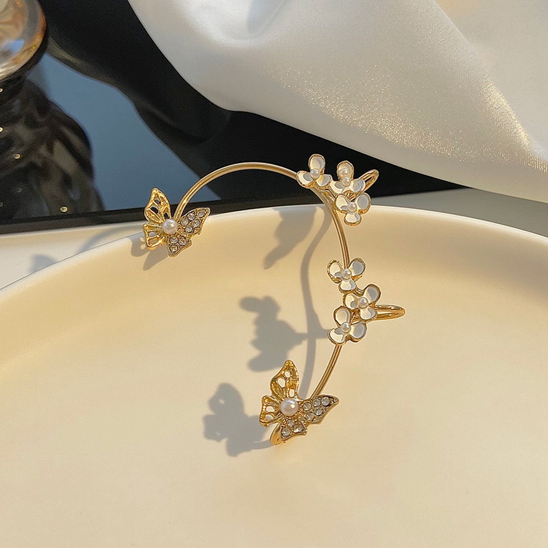 1pc Anting Klip Telinga Kiri Tanpa Tindik Desain Kupu-Kupu Putih Bunga Mutiara Berlian Imitasi Untuk Wanita