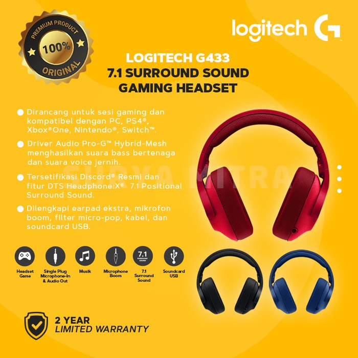 Headset Gaming Logitech G433 / G 433 -7.1 Surround