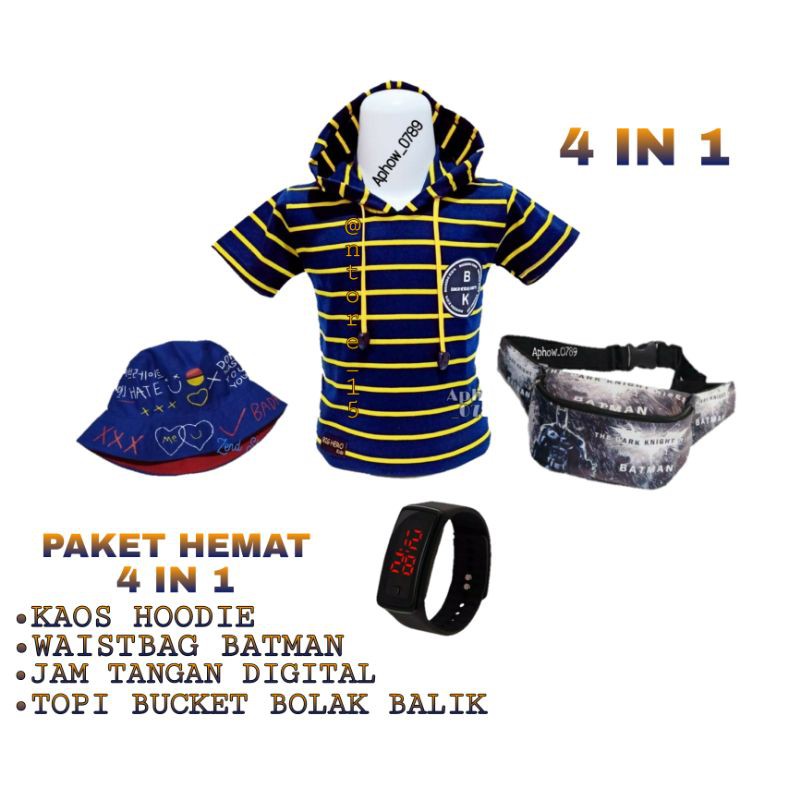 [BIG SALE ]PAKET KOMPLIT SETELAN ANAK 4 IN 1 KAOS HOODIE_WAISTBAG_TOPI_JAM DIGITAL MOTIF BATMAN