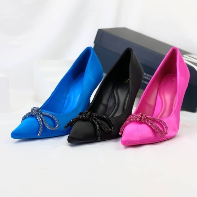Sepatu Pita Hak Tinggi Wanita ZR Satin Platinum Ribbon High Heels 9,5cm Premium Import, Hitam Black 