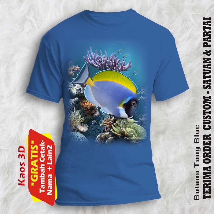 Tshirt Botana Tang Blue fish sea / kaos gambar ikan hias laut Botana Tang Blue ukuran anak dan dewas