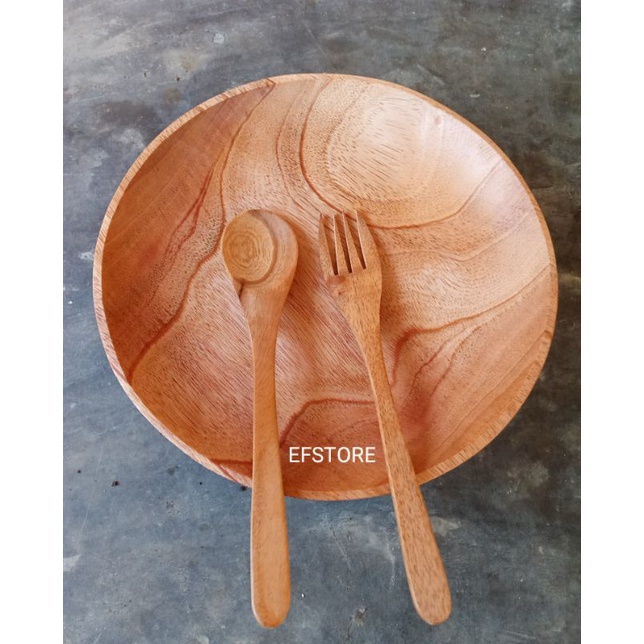Piring kayu mahoni set sendok garpu kualitas Premium