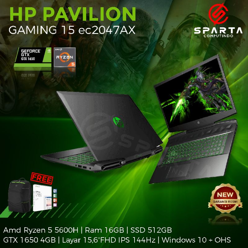 Laptop Hp Pavilion Gaming 15 ec2047AX Ryzen 5 Ram 16 GB SSD 512 GB GTX 1650 15.6 in 144Hz Refresh Rate