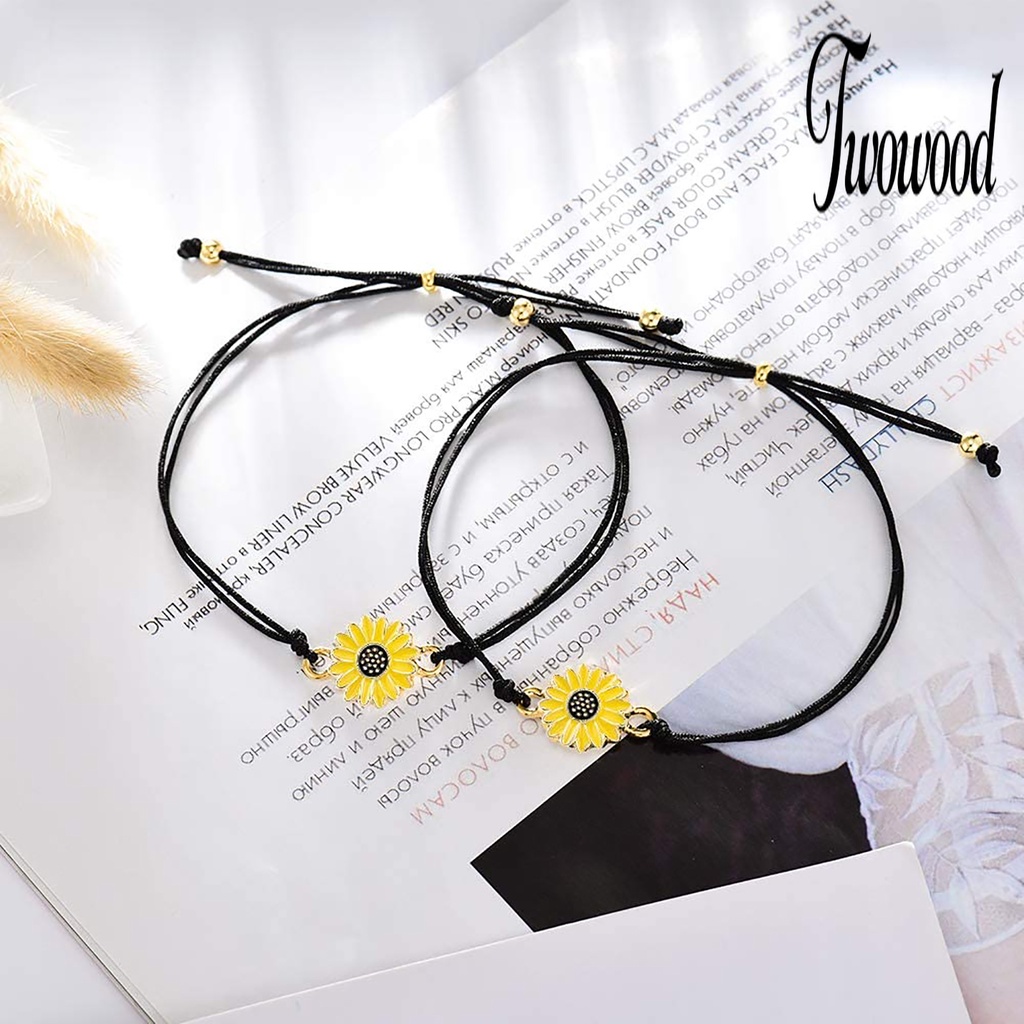 2 Pcs Gelang Persahabatan Bentuk Bunga Matahari Adjustable Untuk Wanita