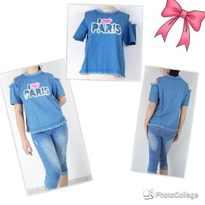 BAJU ATASAN DENIM REMAJA WANITA PAYET I LOVE PARIS 1047