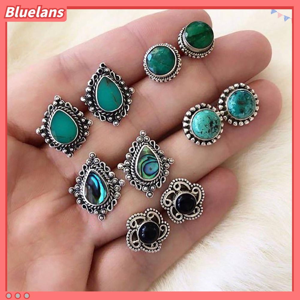 Bluelans 5 Pasang Anting Tusuk Gantung Desain Bunga Hias Turquoise Imitasi Gaya Bohemian Untuk Wanita