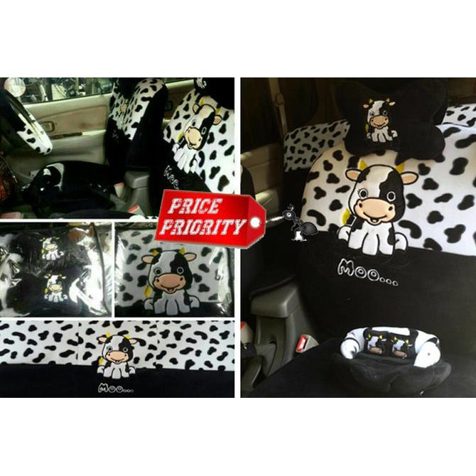 BERKUALITAS Sarung Jok Mobil Agya Ayla Motif Sapi / Moo karakter lucu lembut -OTOGEAR