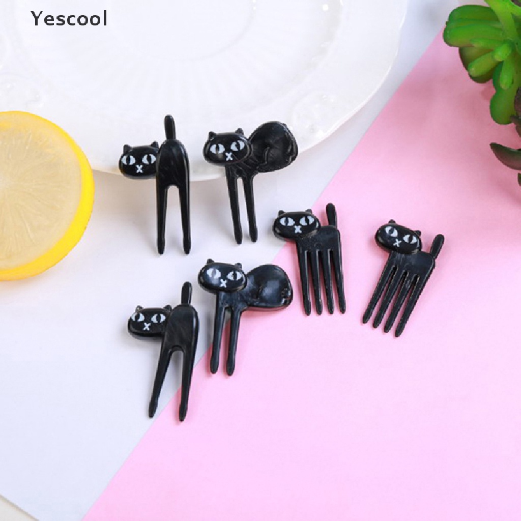 Yescool 6Pcs Tusuk Gigi Buahdessert Desain Kucing Hitam Untuk Dekorasi