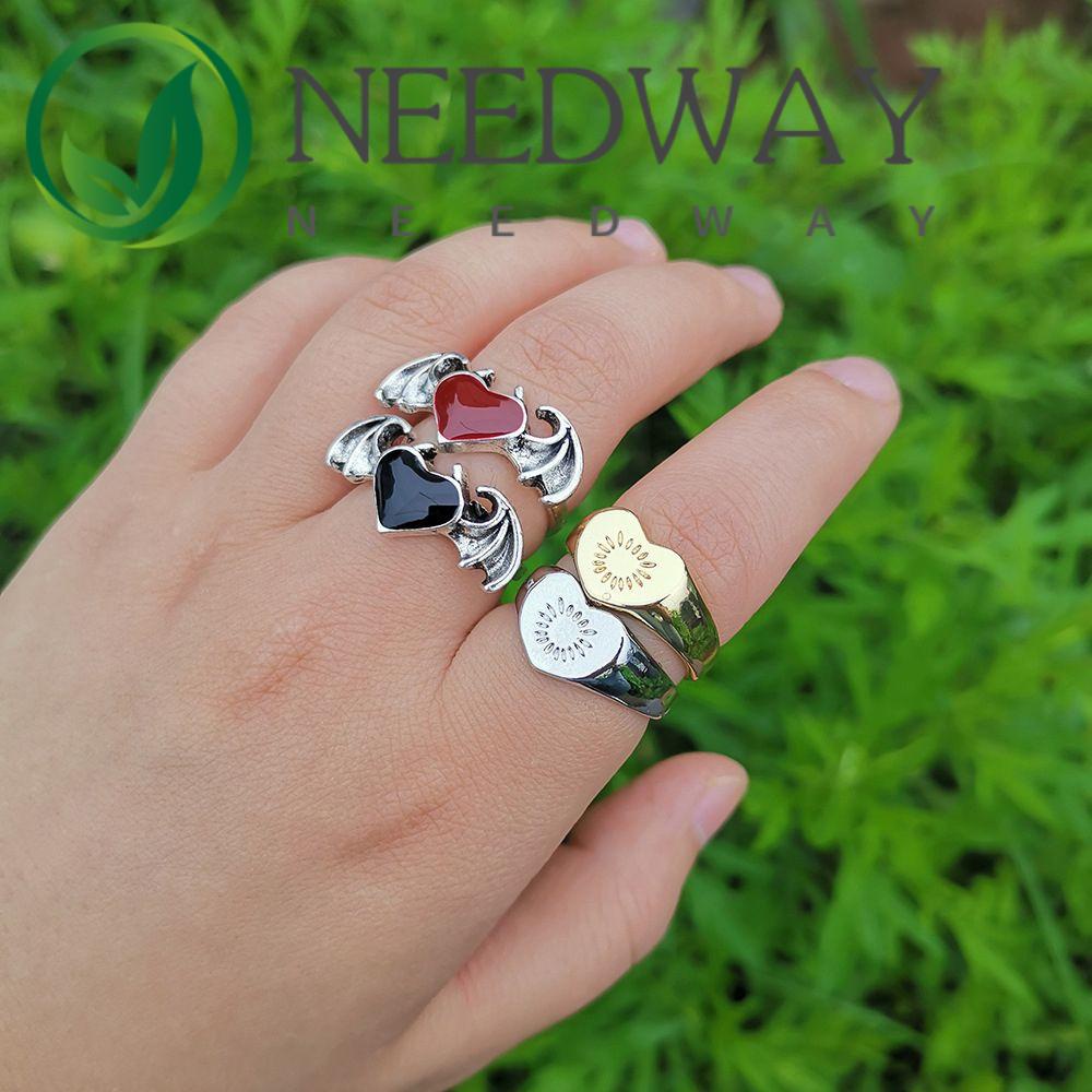 Needway  Adjustable Metal Finger Rings Vintage Love Heart Open Ring Wings Punk Men Party Gifts Crystal Hip Hop Fashion Jewelry