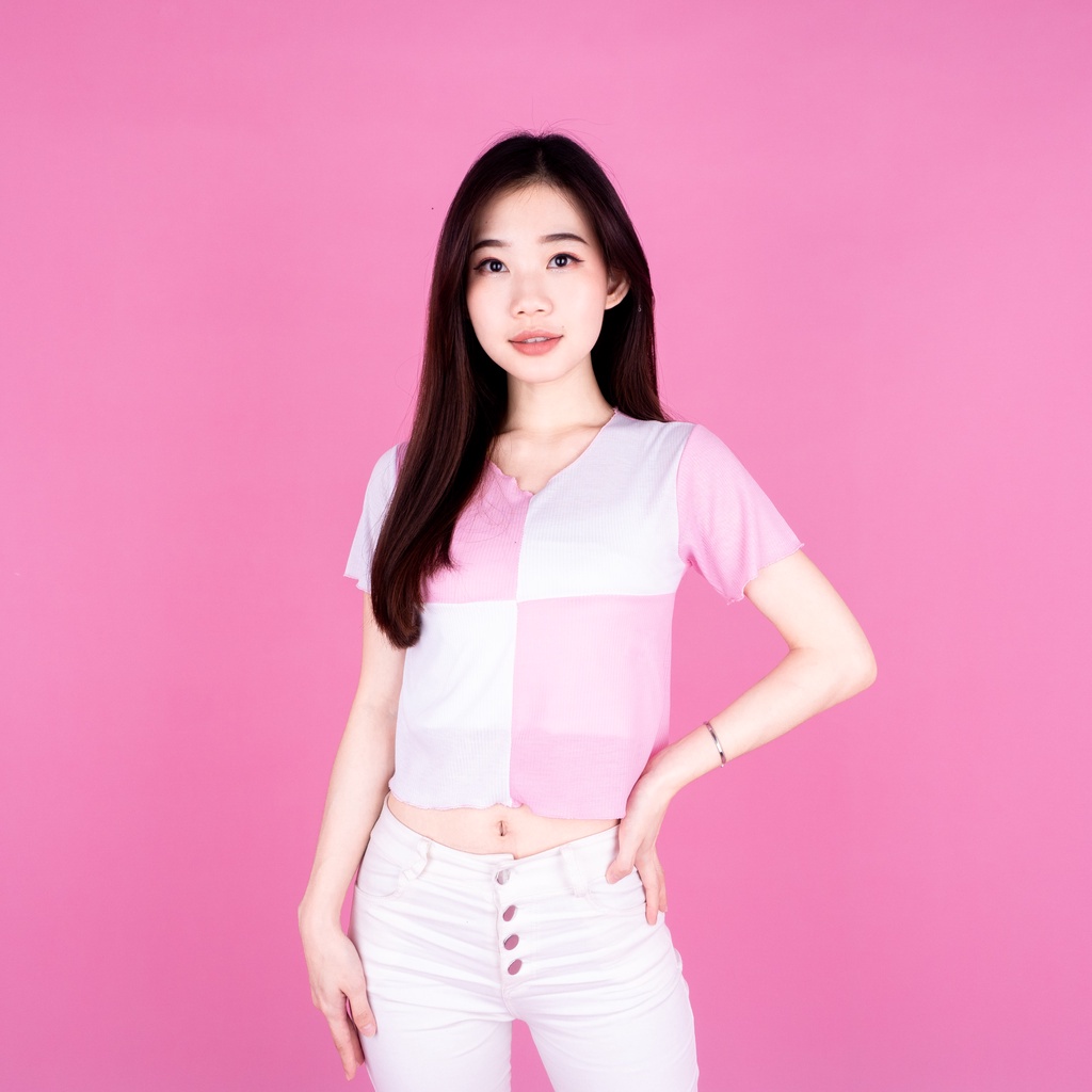 Seam Front Crop Combine Top - Crop Top Wanita RIB