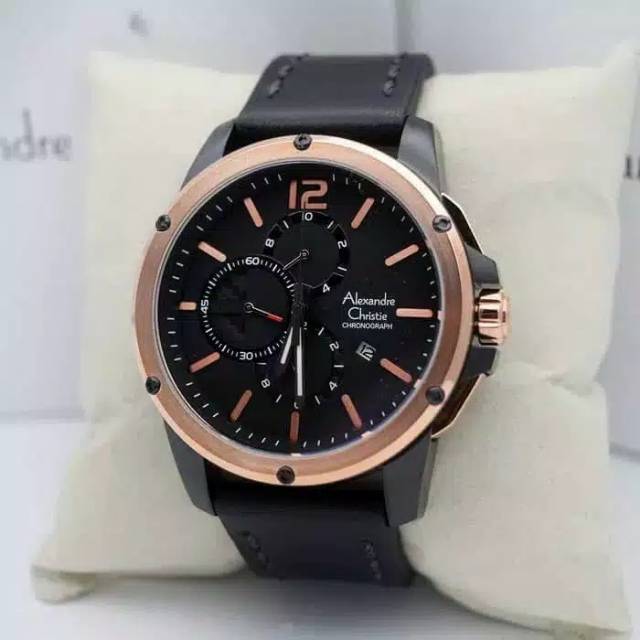 Jam Tangan Alexandre Christie AC 6486MC Leather / Kulit Black Body BlackRose Pria / Cowok Original