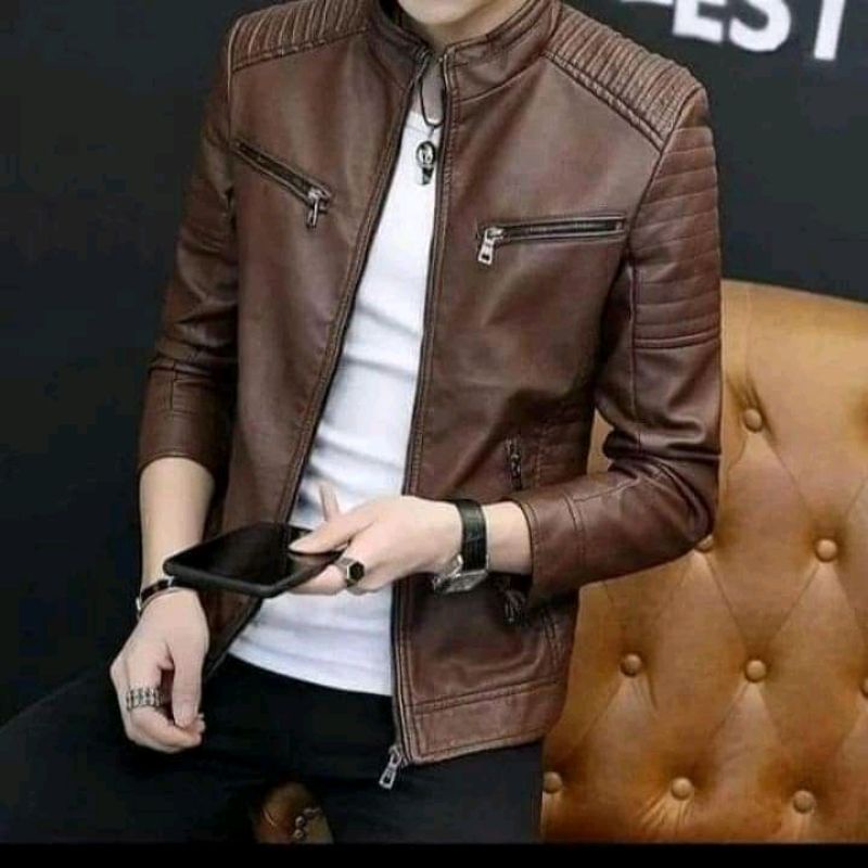 Jaket Kulit Semi Pria Model Mandarin Jaket Casual Jaket Motor Elegant