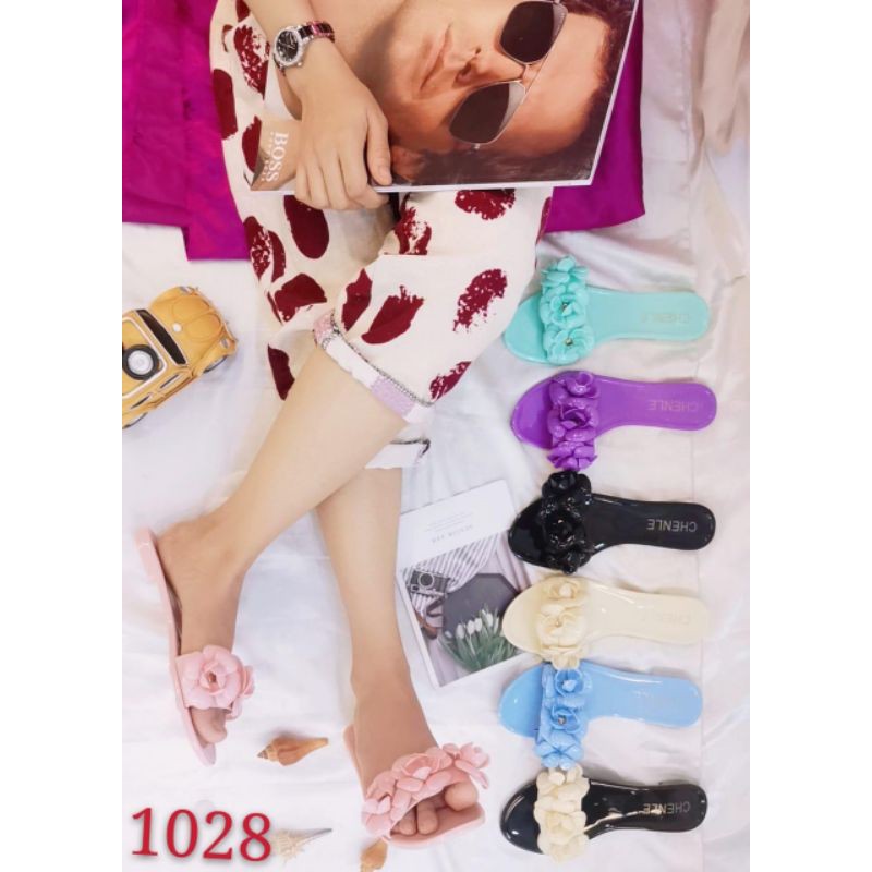 Fashion sendal jelly flat slide bunga slop 1028 cewek wanita