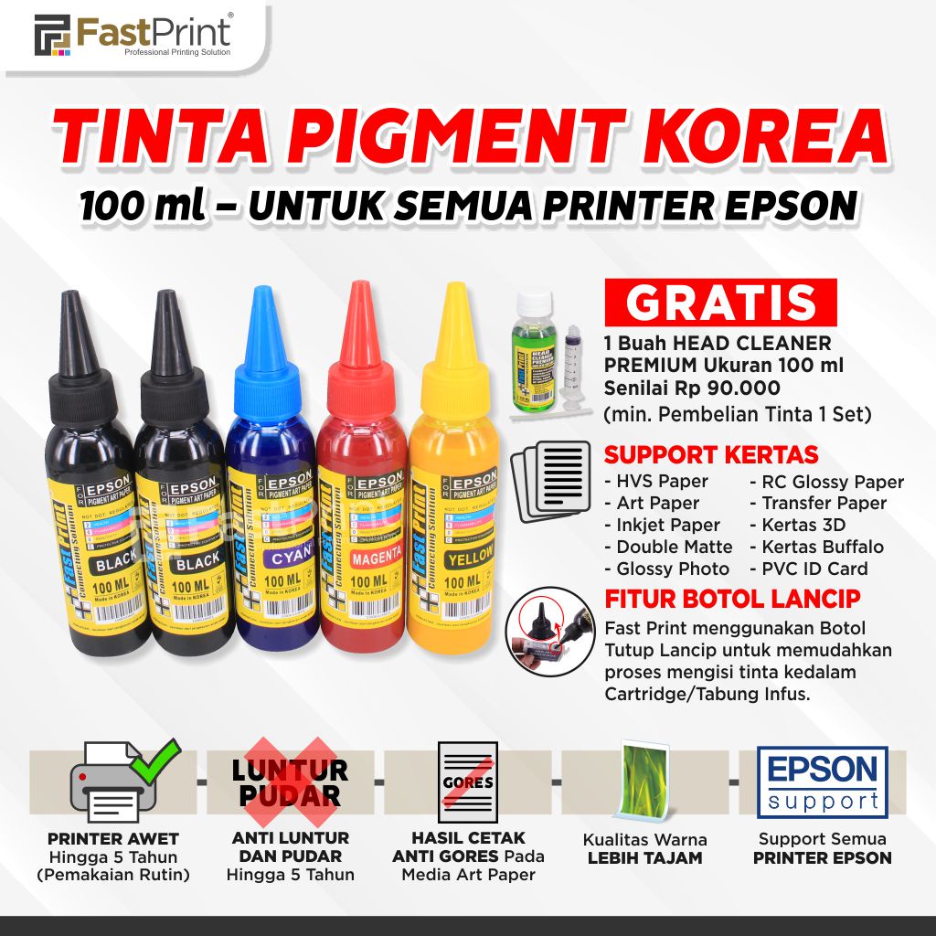 Tinta Pigment Durabrite Art Paper Korea 100ML Printer Epson 1Set 5Warna