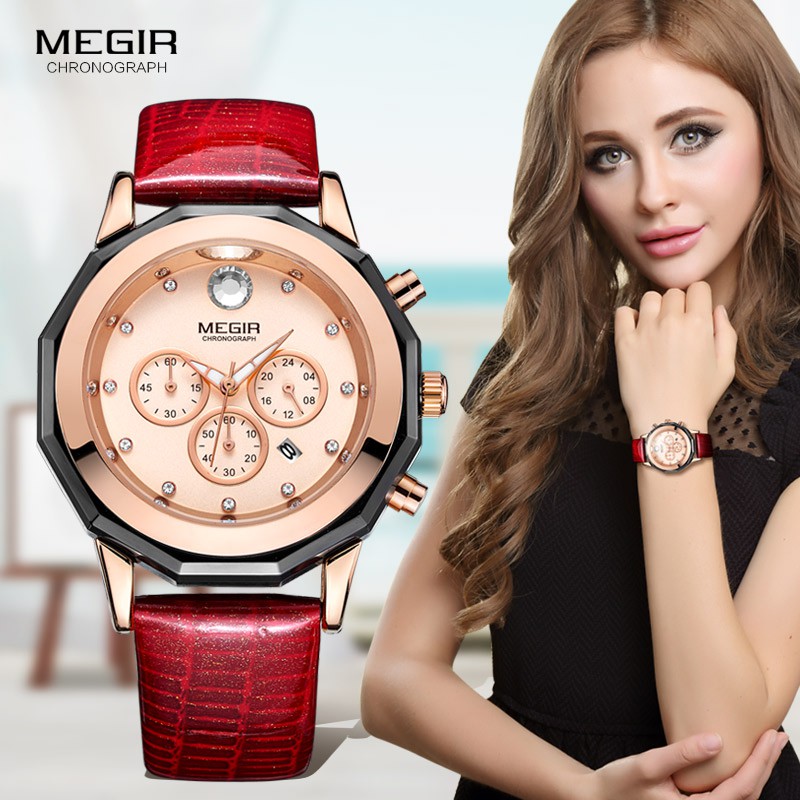 MEGIR 2042 Jam Tangan Wanita Analog Chronograph Tali Kulit WATCHKITE WKOS