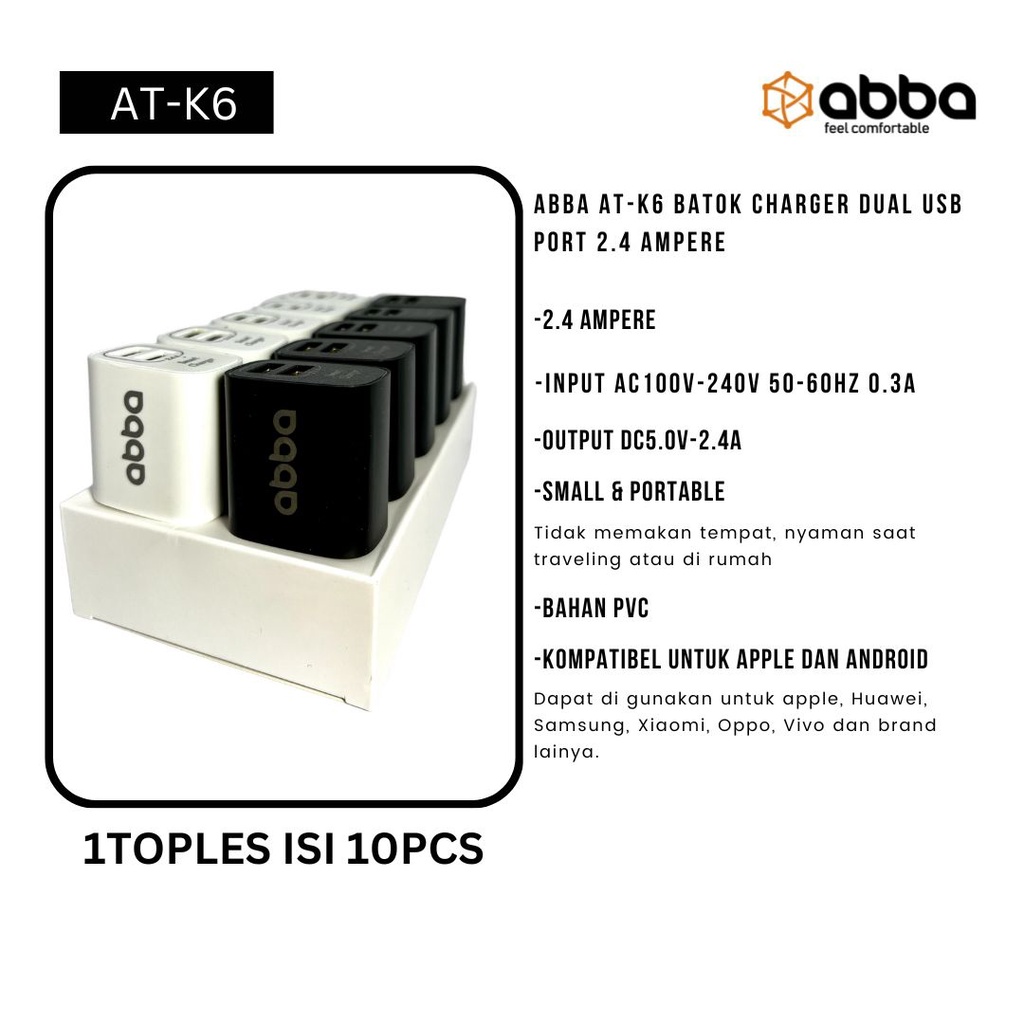 ABBA AT-K6 BATOK CHARGER DUAL USB PORT 2.4 AMPERE