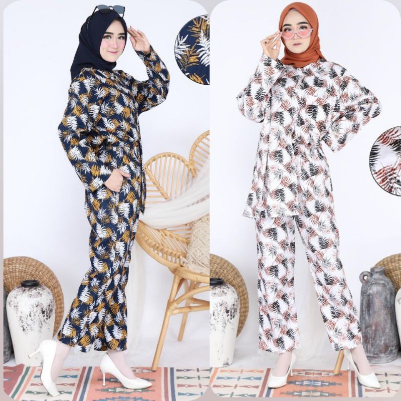 SET LEAFY FASHION PAKAIAN WANITA SETELAN ATASAN CELANA KATUN RAYON BIGSIZE JUMBO MR