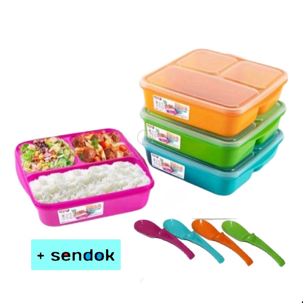 Lunch Box Clio Nara 3 Sekat Free Sendok / Kotak Bekal Misting Clio Nara Sekat 3