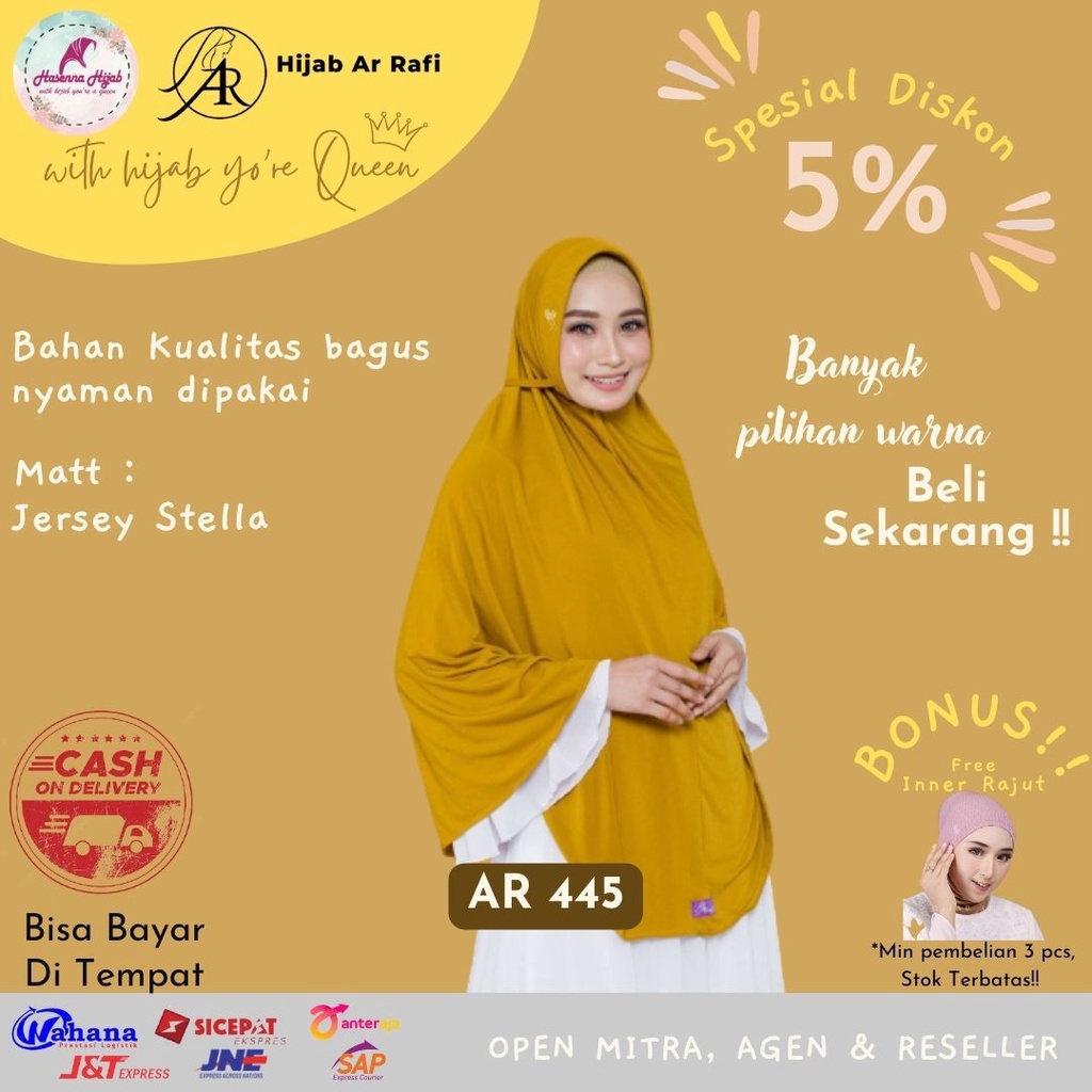Arrafi Hijab Terbaru AR 445 Instan Tali Jumbo Jersey Polos