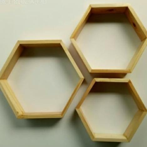 Paket 3 Pcs Hexagonal Kayu, Dekorasi Dan Rak Dinding, Kaca Hexagonal
