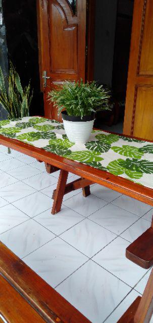 Taplak Meja Tamu Panjang Minimalis Mewah Modern Rumbai Tassel - Motif Daun Monstera
