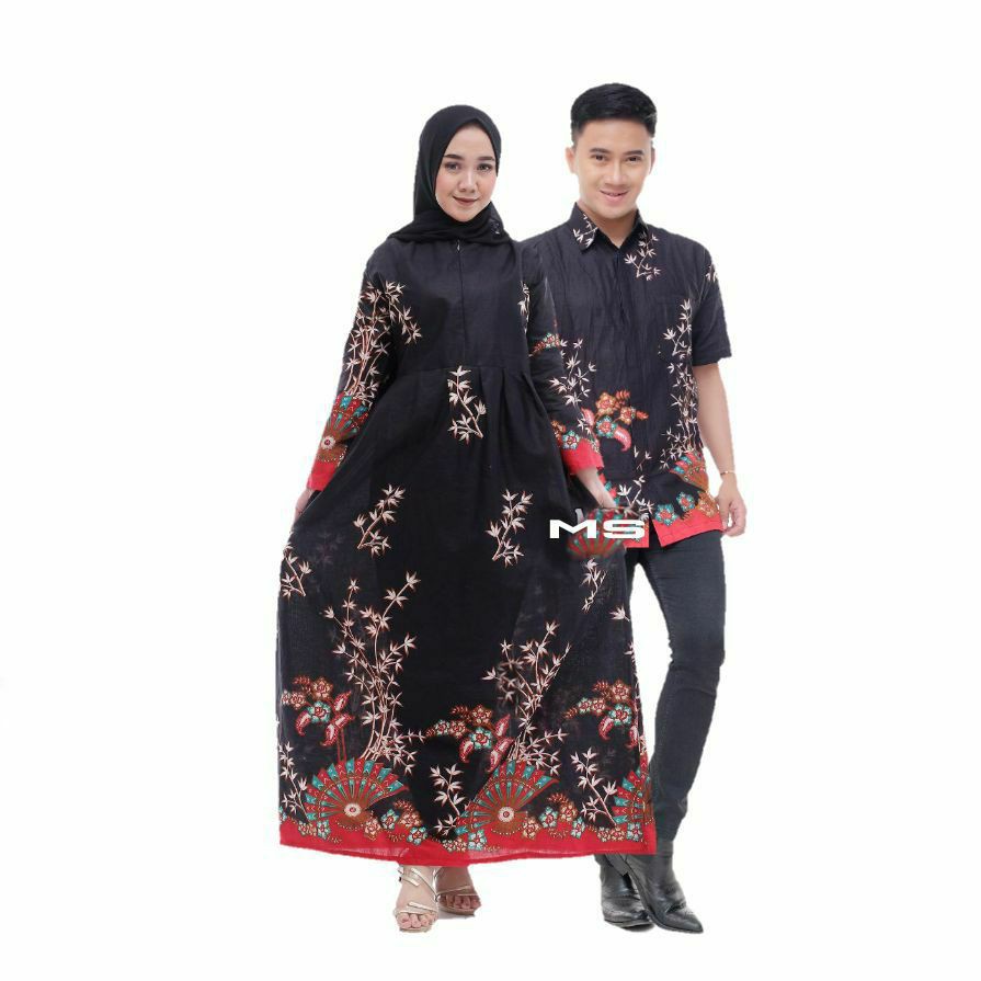 gamis dan kemeja lengan panjang Sania Ruffle Batik Couple ori Ndoro jowi / gamis batik couple murah-cibulan merah