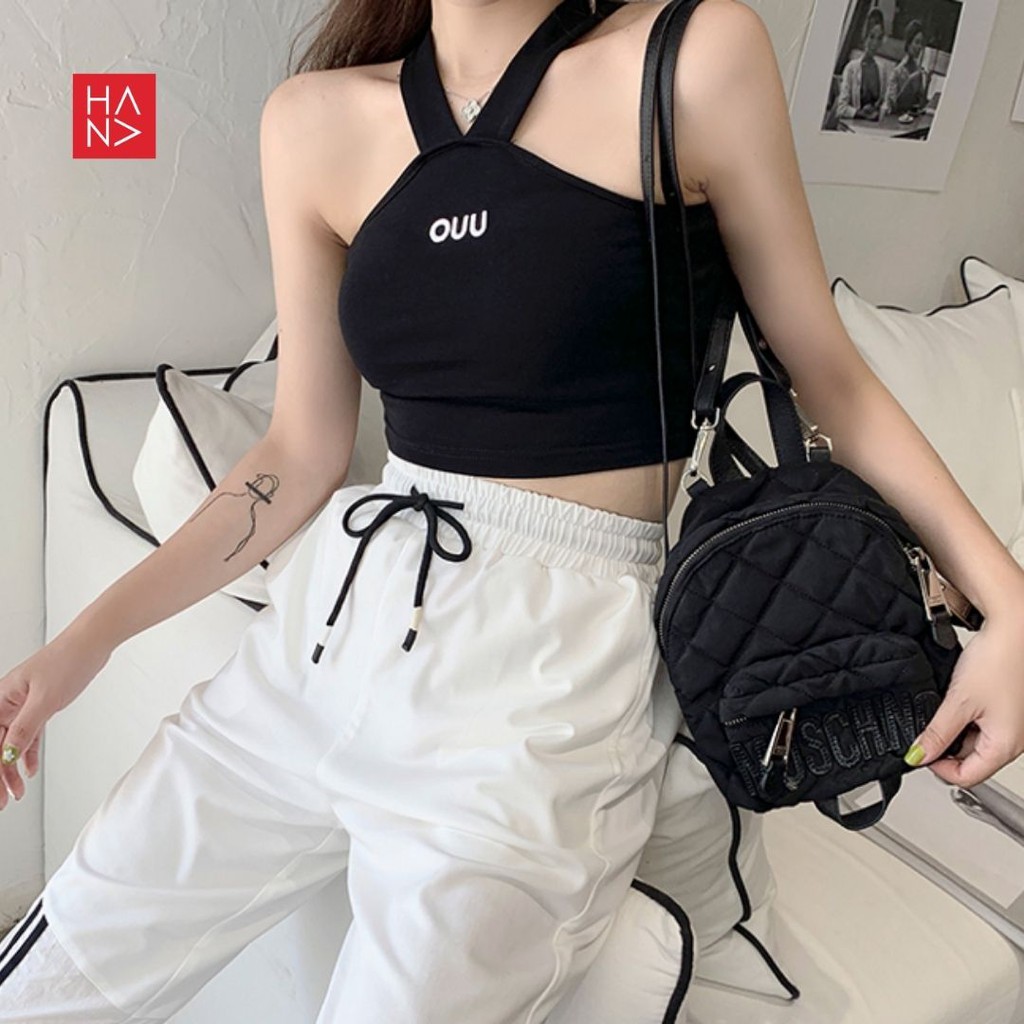 Hana Fashion - V-Rope Casual Crop Tank Top Sablon Wanita Tali V - TT004