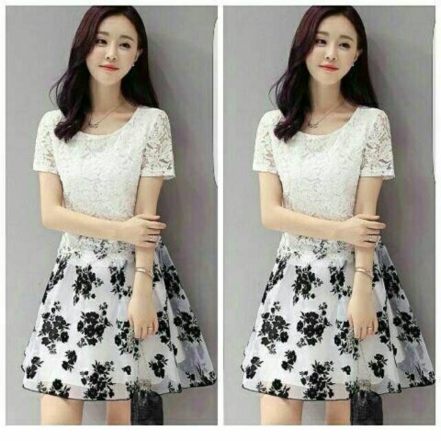 Dress daisy putih hitam terusan wanita korea cantik white black brukat flower bunga pekanbaru