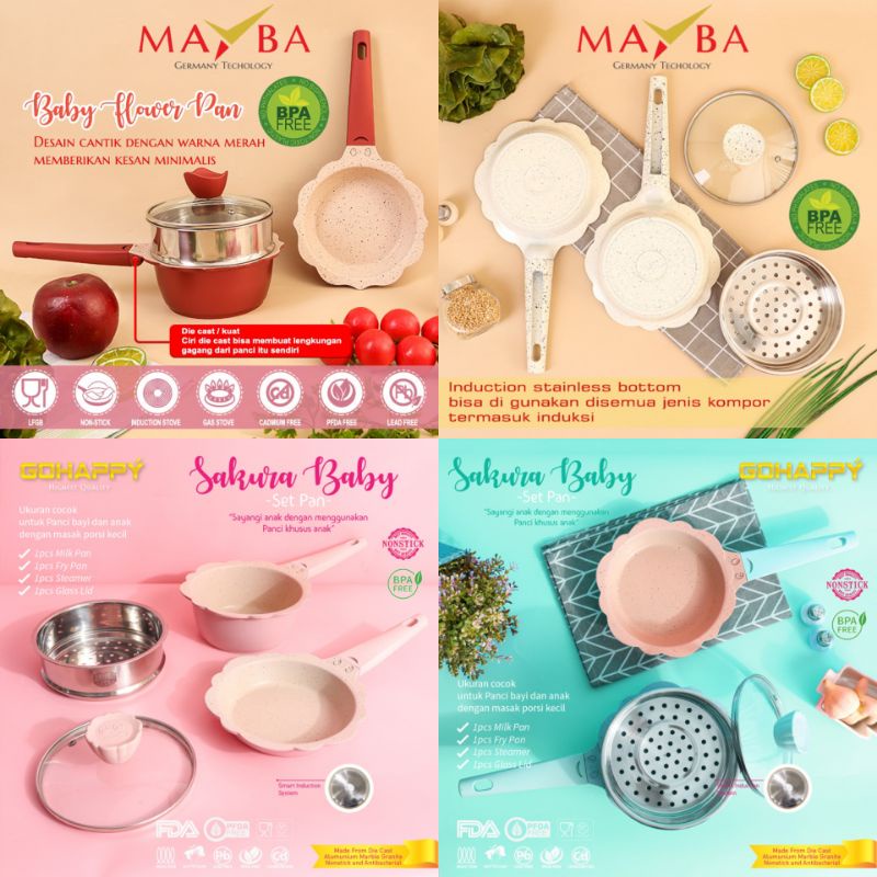 Go Happy Mayba Flower Set Sakura Baby Milk Pan / Panci Kukus Makanan Bayi Marble Granite