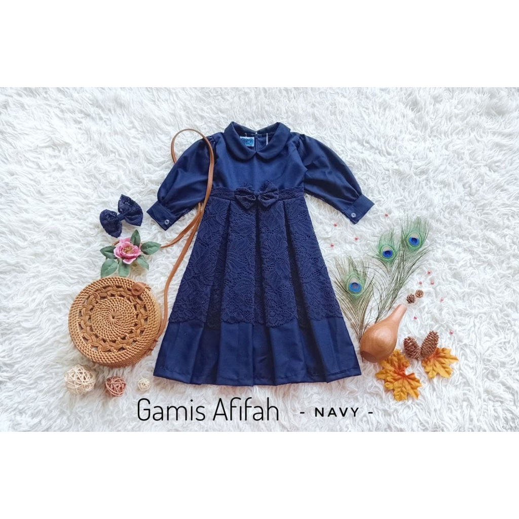 GAMIS AFIFAH/GAMIS KATUN KOMBI BROKAT WARNA NAVY/GAMIS SYAR'I TERBARU/GAMIS MODEL KEKINIAN/GAMIS REM