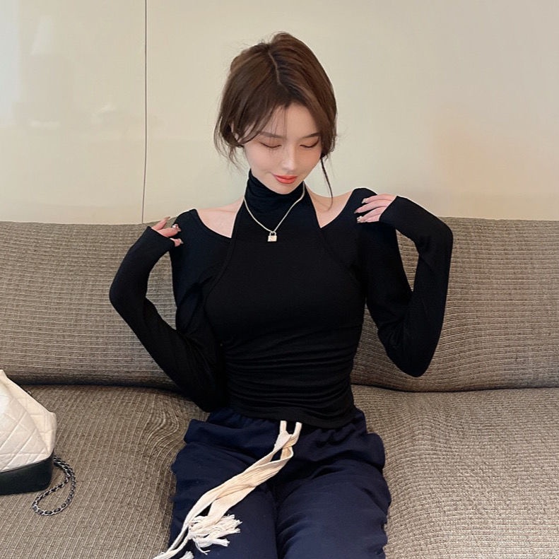 #Sisjuly# T-shirt ketat turtleneck kemeja bottoming hangat palsu dua