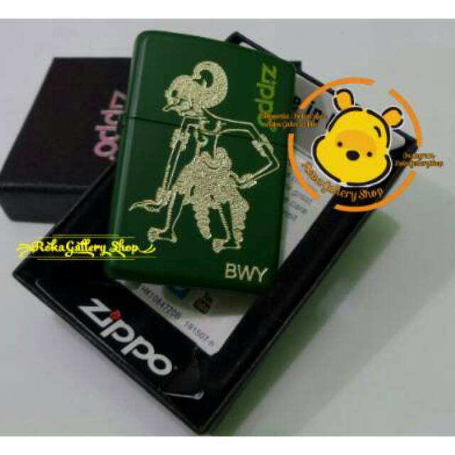 Korek zippo hijau matte custom grafir wayang bima + nama