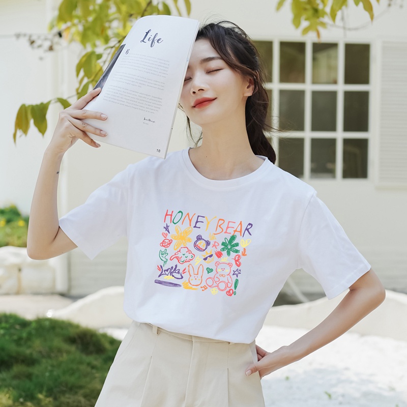 EUNII T-shirt Lengan Pendek Coretan Kartun Pencetakan Longgar Korean Style/Kaos Atasan Wanita/Baju Kaus Oversize Wanita