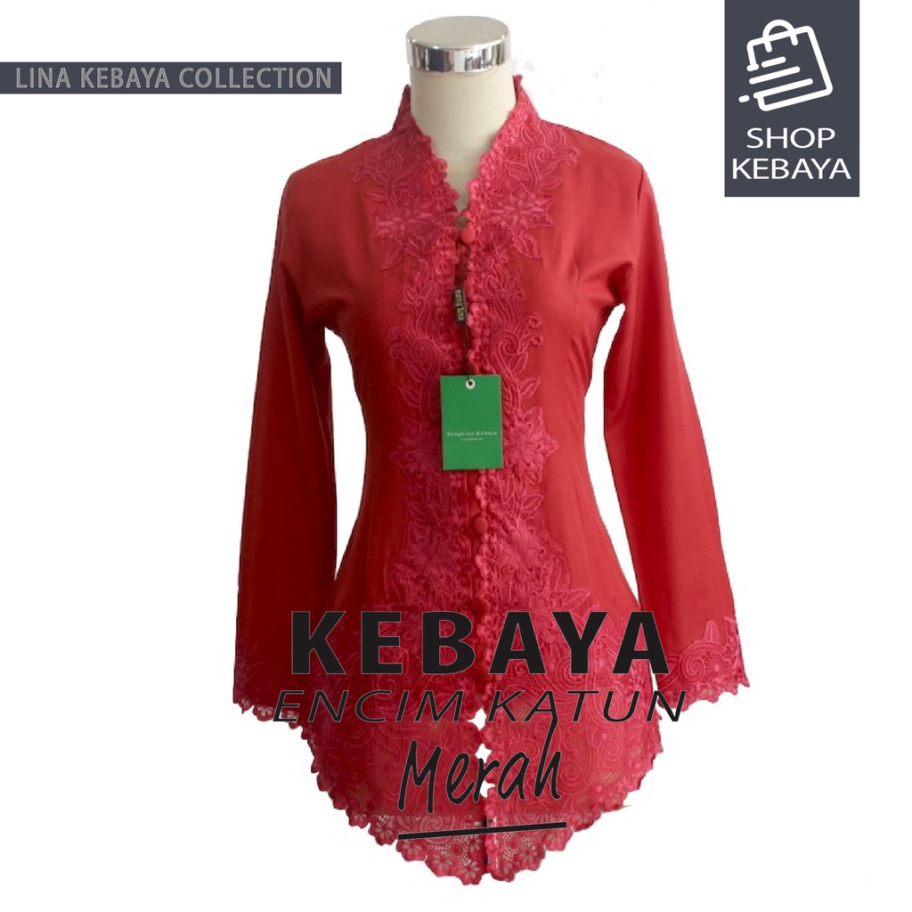Kebaya Encim Kartini Modern Katun Bordir Merah Senada Lengan Panjang Jumbo