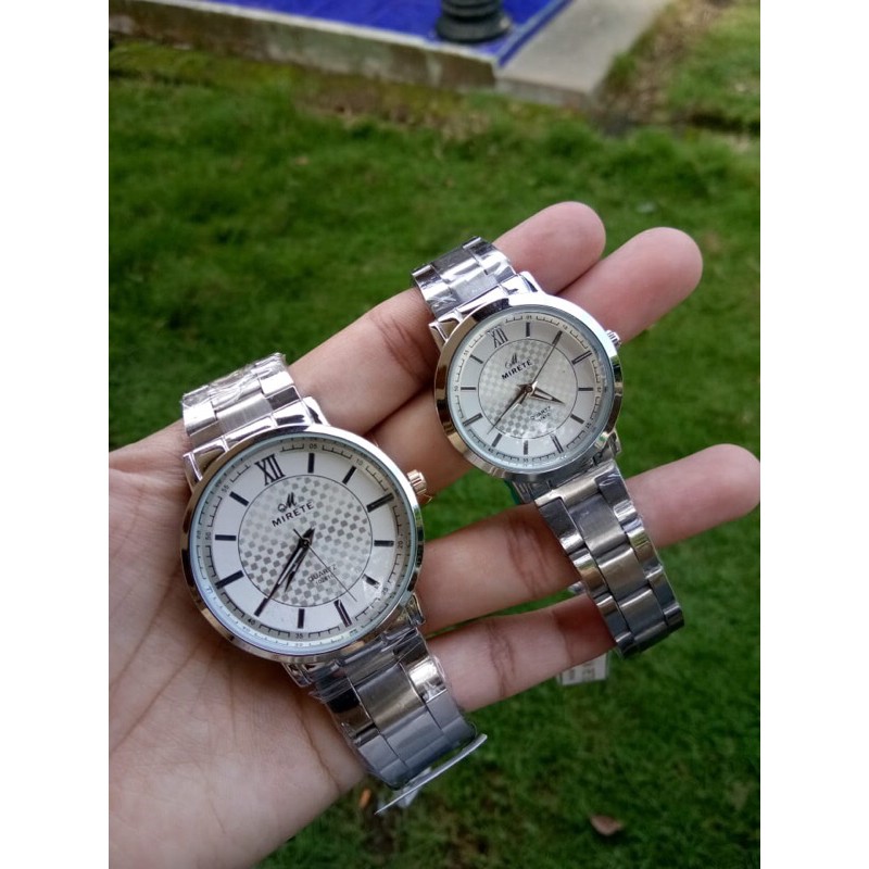 jam couple mirete rantai silver