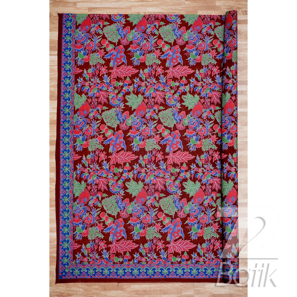 KAIN BATIK KATUN Premium Motif Ikan Koi Warna Merah Maroon Hijau Biru 725597 Cap 72 Jarik Jarit Samping Kebat Panjang Batik Katun Modern Premium Bahan Seragam Batik Pernikahan Kantor Keluarga Murah Kamen Jadi Batik Bali Lembaran