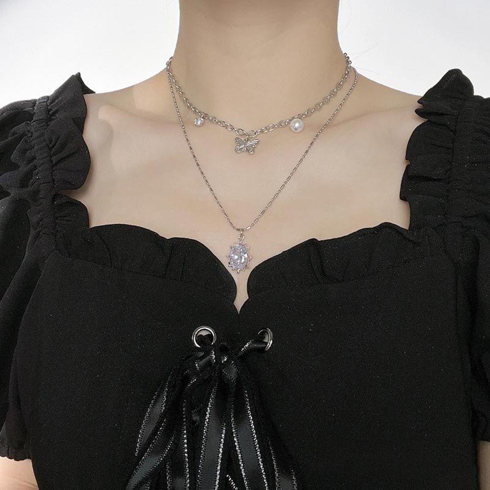 Mxbeauty Kalung Wanita Trendy Elegan Untuk Cewek Kupu-Kupu Double Layer Zirkon Leher Perhiasan