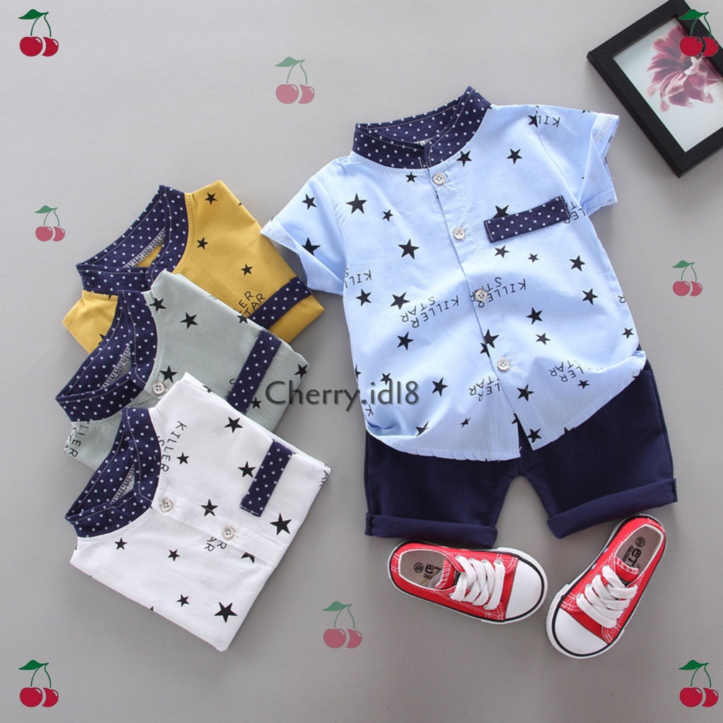 PROMO 11.11 (6bln-4tahun) Setelan Kemeja Anak Motif Stars Import / Baju Anak Import / Setelan Kemeja Lengan Pendek Anak / Kemeja Anak Lengan Pendek - KB18