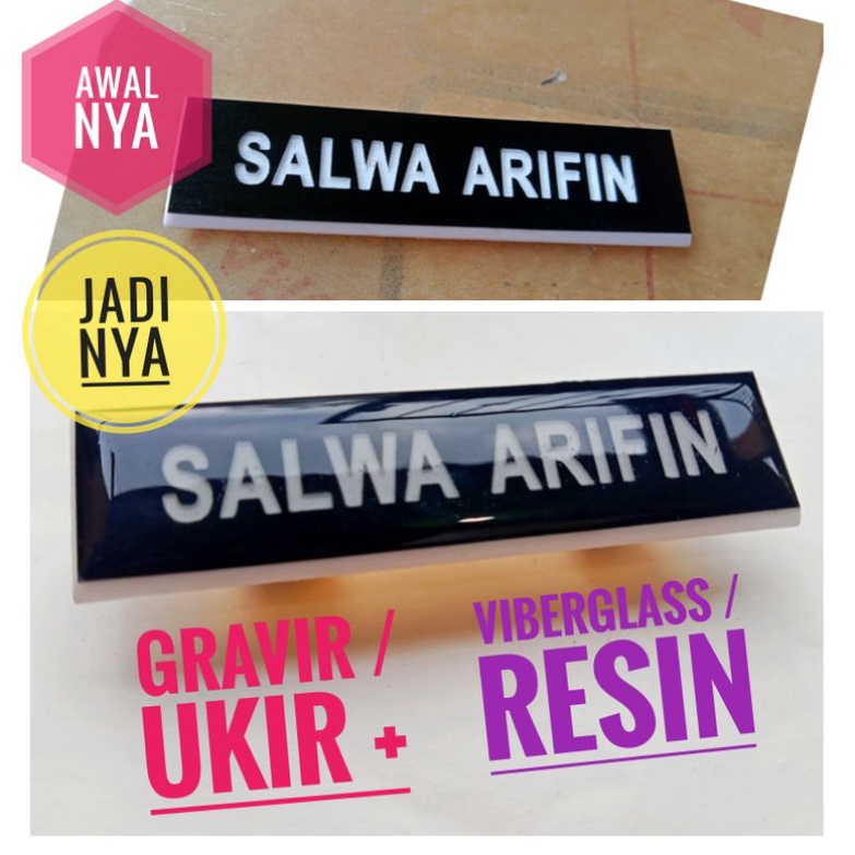 Name Tag Model Lama - Gravir Ukir Lapis Resin Viberglass - Peniti - manset - Magnet