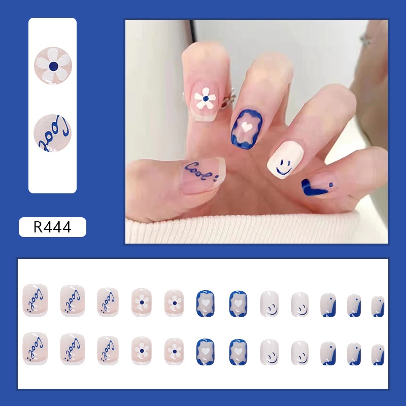 24pcs / box Kuku Palsu Bentuk Persegi Motif Bunga / Smiley Face Warna Biru / Putih