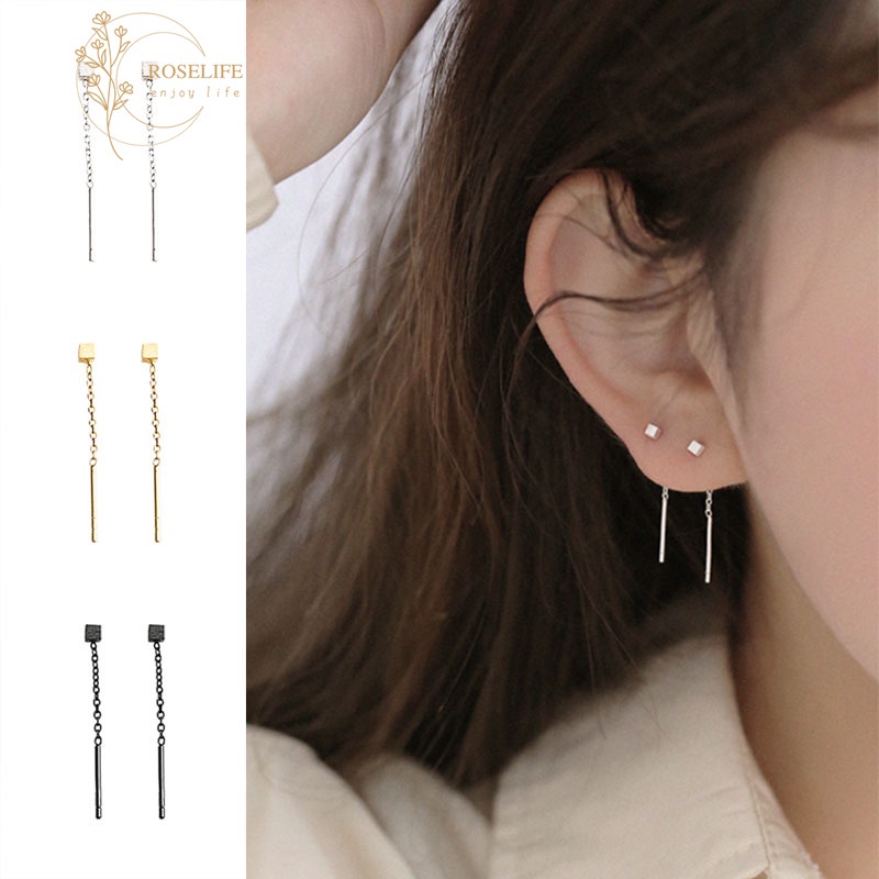 Roselife 1 Pasang Anting Tusuk Gantung Bahan Sterling Silver 925 Desain Kubus + Rumbai Untuk Wanita