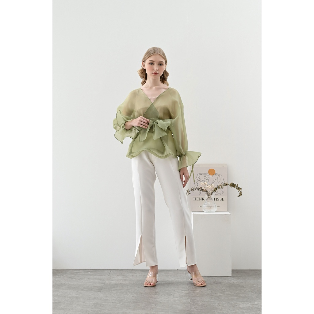 Aura Label - Rosie Bow Organza Top Sage Green - MOST WANTED blouse wanita organza sage green pita puff