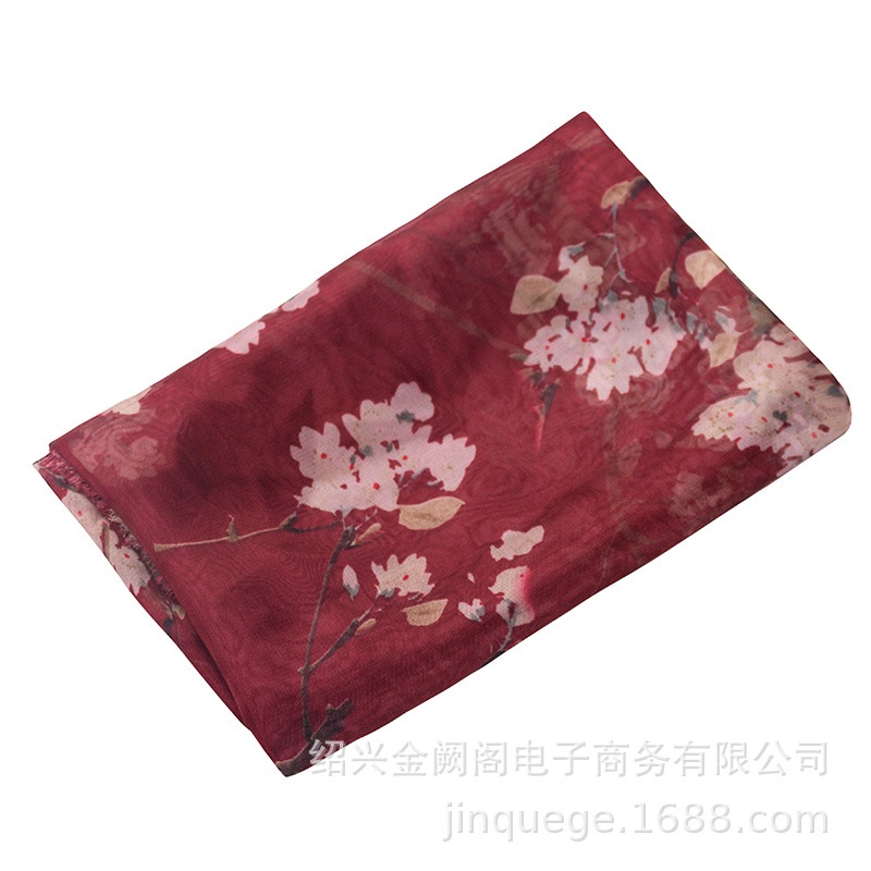 Musim Panas Syal Sutra Wanita Tipis 90*90 Satin Explosive Selendang Bernapas Fashion Jilbab Retro Klasik Syal/Musim Semi dan Musim Panas Elegan Plum Blossom 3D Chiffon Positioning Printing Fabric