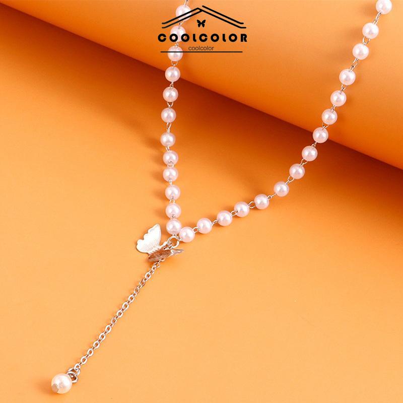 COD Retro Butterfly Pearl Kalung Lembut Gadis Kecil Cinta Liontin Kalung Rantai Klavikula- cl